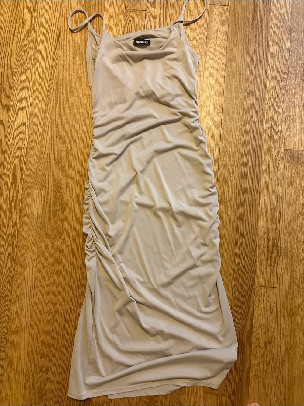 Express Light Beige Ruched Side-Tie Midi Skirt - Picture 9 of 9